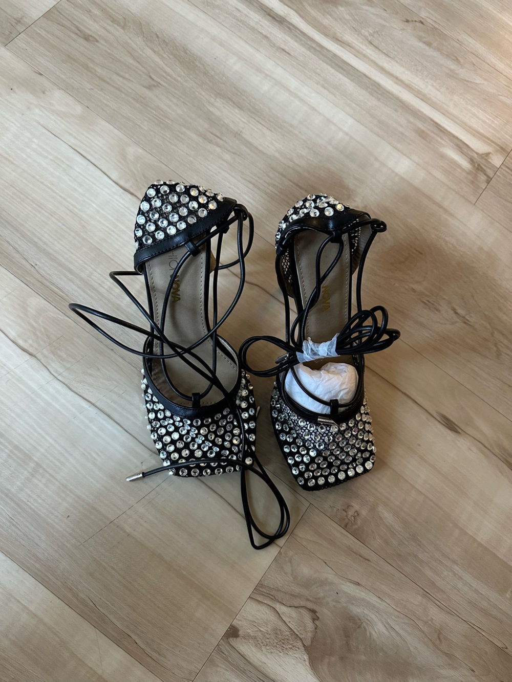 Embellished Black Lace-Up Flats with Crystal Studs! Brand New